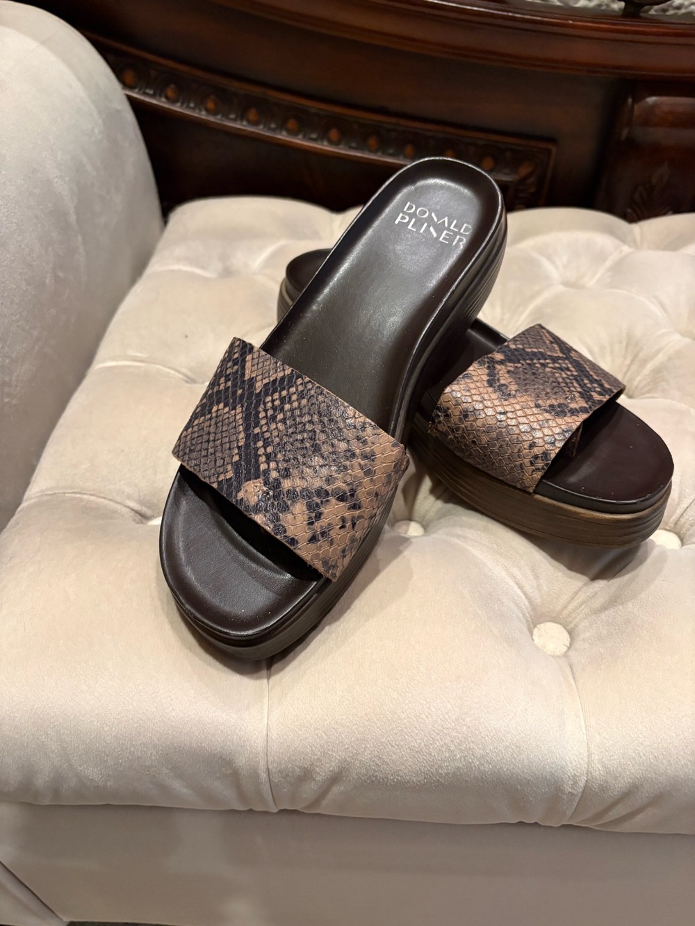 Donald J. Pliner Brown Snake-Print Platform Slide Mules